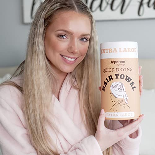 Leporem Microfiber Hair Towel - Extra Large (43 Inch X 30 Inch) Super Absorbent, Ultra-Soft & Fast Drying Towel With Dual Elastic Straps To Securely Tuck Extremely Thick, Long & Curly Hair (White) #TOP2