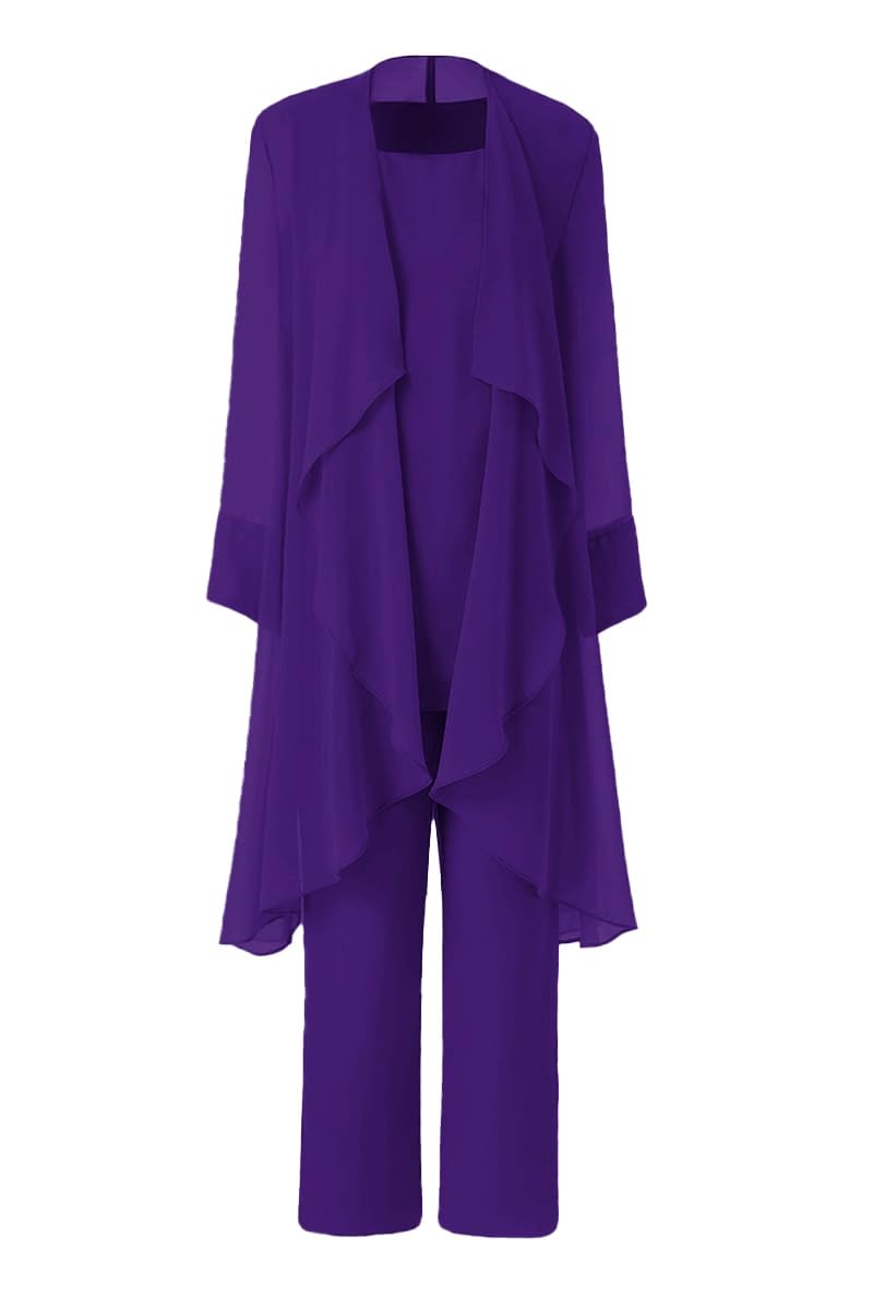 Leader Of The Beauty Women's Deep Purple Mother Of The Bride Pant Suits 3 Pieces Chiffon Outfit Sets For Wedding Pant Suit With Jacket