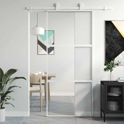Fasba Puerta corredera de granero blanca y transparente con cristal templado y marco de aluminio, 90 x 205 cm, para sala de estar abierta y brillante, modelo 155205