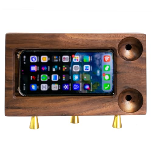 IRIVER BLANK Soporte universal para teléfono de escritorio de madera de nogal negro premium con amplificador de sonido, artesanía artística, mejora la calidad del sonido y puerto de carga conveniente