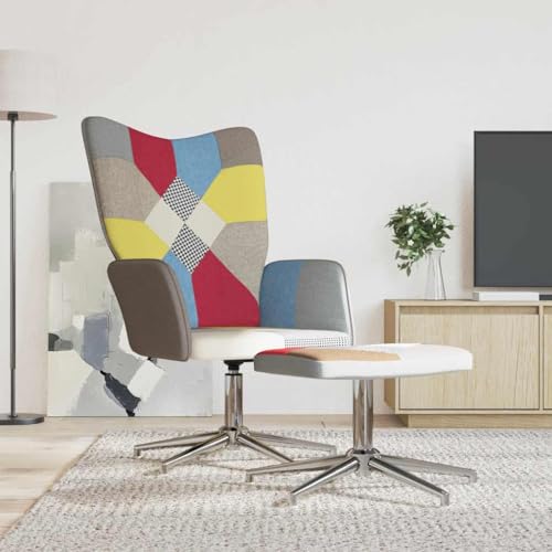SooIarix Sillón de relax con taburete, tela de patchwork, giratoria, silla tapizada, sillón con orejeras, sillón de salón, estructura de acero, multicolor