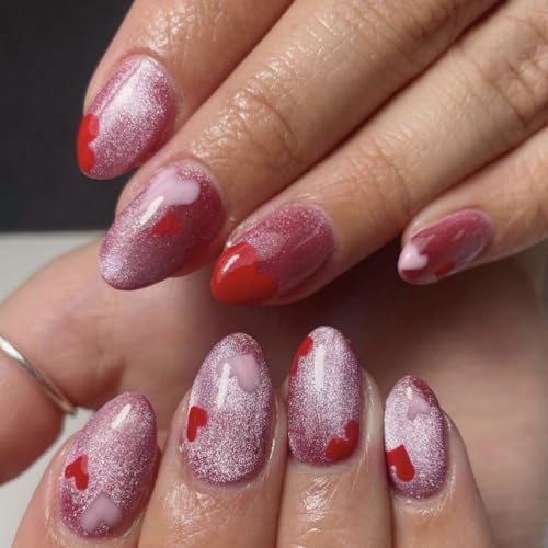 Image of Pink Glitter Press on Nails Short Almond Fake Nails Red Heart Glue on Nail Press ons with Design Shiny Glossy Full Cover Valentines Stick on Nail for Women Manicure 24Pcs