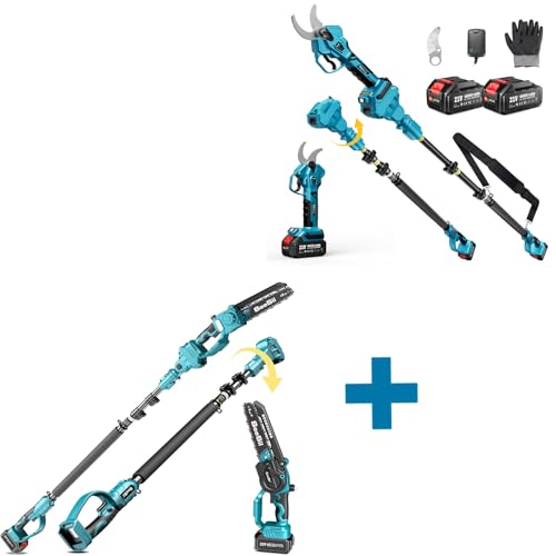 SEESII Pole Electric Pruning Shears: 1.8" Cutting Diameter 2-in-1 Cordless Power Pruner+Seesii 2 in 1 Cordless 8 inch Pole Saw & Mini Chainsaw with 2 Battery