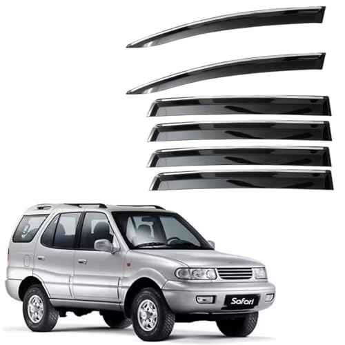 Image of CAR SAAZ Unbreakable Door Visor for Safari Dicor (2005-2017)(Set of 6 Pcs)|Stylish & Durable Chrome Lined Wind /Rain Deflector
