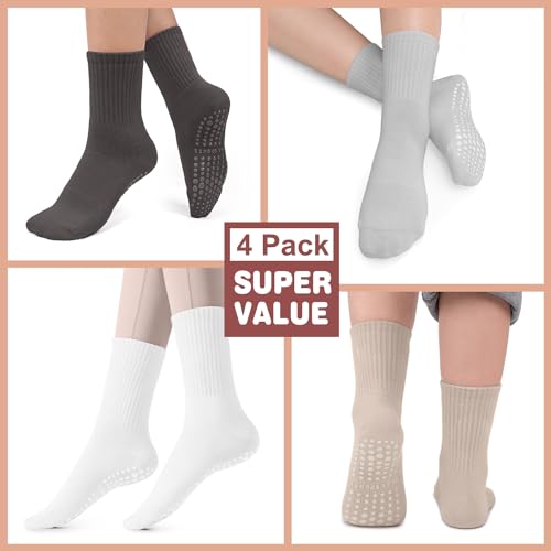 Image of Pilates Socks for Women, Non Slip Grip Socks for Yoga, Barre, Hospital, Grippy Socks Womens Gifts, 4 Pairs