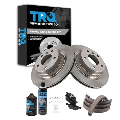 Image of TRQ Rear Brake Pad & Rotor Kit, with Chemical Kit Parking Brake Shoe Set Ceramic Compatible with 2012-2013 BMW 328i