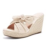 Classic espadrille sole, faux suede soft upper Super cute summer wedge slipper sandals, these plataformas features jute rope platform wedge heel, bow tie decroation, open toe, the high heel design make your legs looked skinnier, also keep you comfy w...