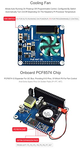 Waveshare Power Over Ethernet HAT for Raspberry Pi 3B+/4B, 802.3af-Compliant with OLED for real-time Monitoring Temperature, IP, and Fan Status – Bild 6