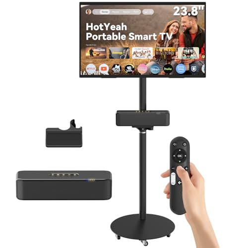 Image of HotYeah Portable Smart TV on Wheels, w /Detachable Bluetooth Speaker, EDLA-Certified, 23.8 inch 1080P FHD 2-in-1 Rolling TV & Monitor, 10000mAh Battery, Voice Control, USB-C & HDMI, Full Swivel Rotation