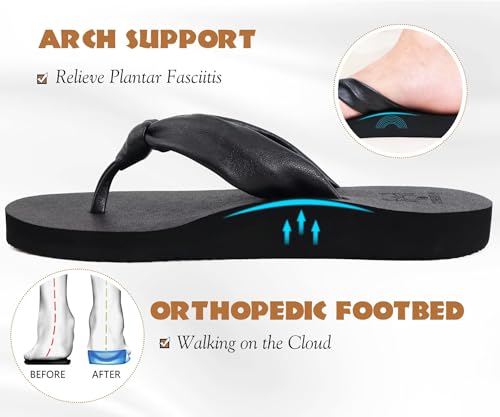KuaiLu Womens Flip Flops With Arch Support Comfortable Yoga Mat Cushion Thong Leather Sandals for Ladies Fashion Slip On Summer Beach Walking Slides Indoor Outdoor Travel Orthotic Slippers3