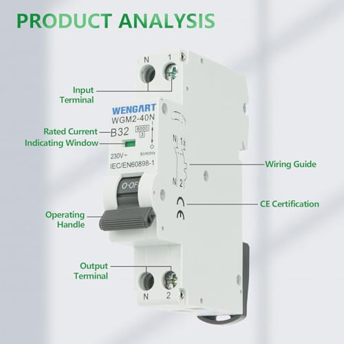 Wengart 1P+N Leitungsschutzschalter 32A B-Charakteristik, WGM2-40N Mini-Sicherungsautomat AC 230V 6kA, Platzsparender 1TE Elektro-Sicherheitsschalter für Backofen & Hausinstallation
