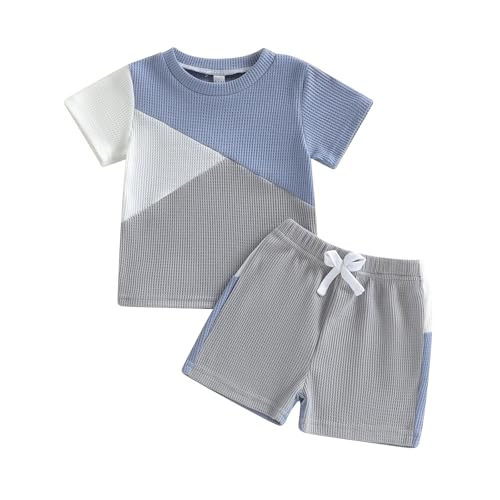 Vioyavo Toddler Kid Boys Summer Clothes Set Contrast Color Short Sleeve T-shirt Elastic Waist Shorts 2 Pieces Casual Outfit (Blue, 6-12 Months)