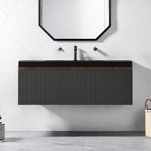 Image of Wall Mounted Bathroom Sink Vanity, Modern 36 inch Floating Vanity with Resin Top Basin Sink and U-Shaped Soft-Close Storage Drawer, Striped Bathroom Storage Cabinet with Invisible Handle, Black