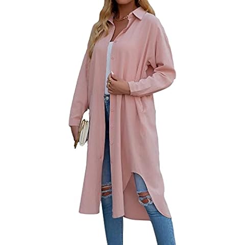 Umenlele Women’s Button Down Long Sleeve Side Split Cardigan Cover Up Shirt Dress, Pink, L Cover
