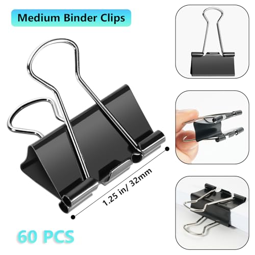 60PCS Medium Binder Clips, 1-1/4 Inch (32mm), Black Metal Paper Clamps for Teachers, Students, School, Office, Business Supplies (1.25in) image 5