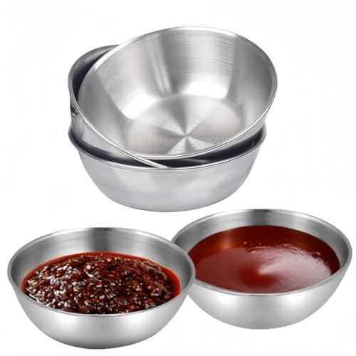 MEETOZ 5 Pcs Stainless Steel Sauce Dishes, Mini Dipping Bowls Dishes Condiment Sauce Cups, 3.2inch Round Seasoning Dishes Bowl Appetizer Plates, for Snacks Sushi Appetizer Fruit