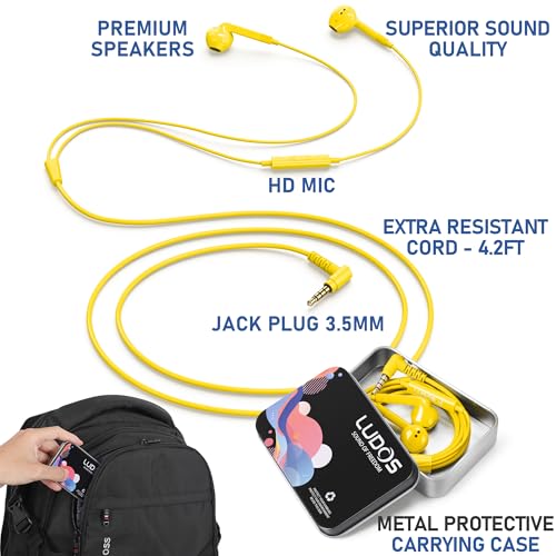 Image of LUDOS FEROX Wired Earbuds in-Ear Headphones, 5 Year Warranty, Earphones with Microphone, Noise Isolation Corded for 3.5mm Jack Ear Buds for iPhone, Samsung, Laptop, Kids, School Students - Yellow