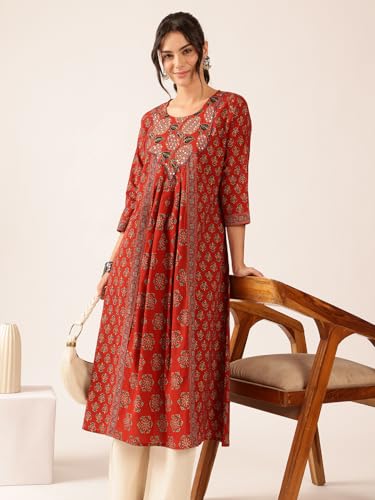 Image of Vbuyz Women's Floral Print A-Line Cotton Stitched Kurta