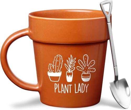 VELENTI Plant Pot Mug - Plant Lover Mug with Metallic Shovel Ornament - Fancy Gifts for Women, Men - Birthday Gift for Women - Cute Gifts for Mother's Day, Christmas