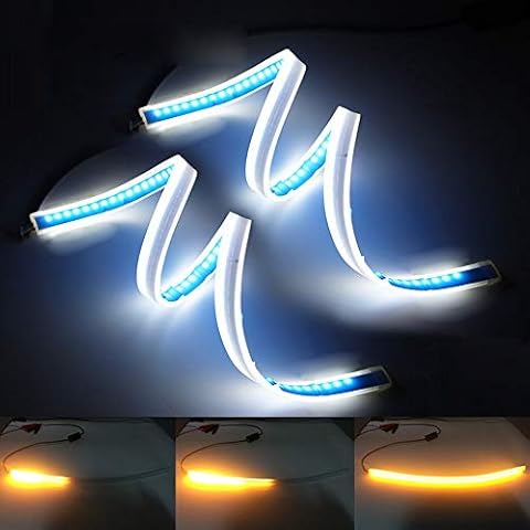 XINFOK 30cm White Amber Switchback Waterproof Flexible LED Strip Daytime Running Lights Car LED DRL Daylight Flowing Turn Signal Light Ultra thin Motorcycle Led Headlight Cover