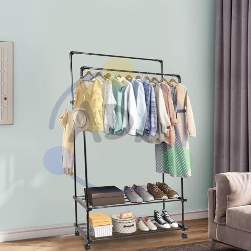 Image of ADA Premium Heavy Duty Dual Layer Metal Garment Rack with 2-Tier Clothes Rail, 10 Side Hooks, Freestanding Cloth Stand for Bedroom & Laundry Room - Black (84 x 30 x 155 cm)