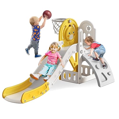 Image of BIERUM 5 in 1 Toddler Slide, Slide for Toddlers Age 1-3 with Basketball Hoop and Ball, Slide for Kids, Indoor Outdoor Backyard Playground Cute Duck Theme Baby Slide Toy Yellow