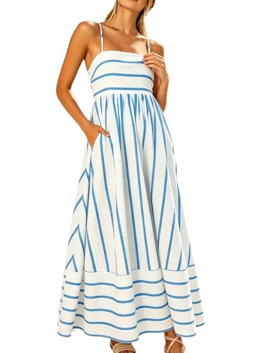 Image of utcoco Womens Summer Striped Back Smocked Maxi Sundresses Spaghetti Strap Cut Out Flowy Swing A Line Long Dress