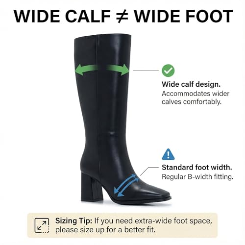 Image of Knee High Boots for Women - Wide Calf Boots with Zipper, Square Toe Tall Leather Boots, Chunky Heel Fashion Long Boots