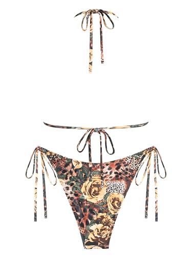 Image of ZAFUL Bikini Sets for Women Halter Bow Decor Tiny Floral Gingham Print Swimsuit Tie Side 2 Pieces Bathing Suit