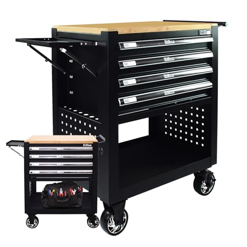 TRUTZHOLM Werkstattwagen Profi Compact unbestückt Breite gesamt inkl. klappbaren Seitenablage 97 cm Massive Holzplatte mit 4 Schubladen, Stauraum Lochwand 4 Rollen Montagewagen Werkzeugwagen