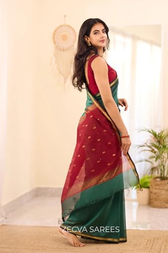 Image of ZECVA Women's Pure Soft Spun Cotton Lichi Silk Saree For Women With Attach Unstitch Blouse Piece
