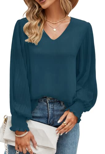 Odosalii Camicie da donna con scollo a V con maniche a lanterna plissettate eleganti tinta unita allentate in chiffon casual, Deep Teal, S