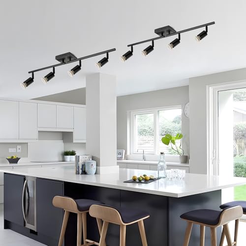 Image of 4-Light GU10 Track Lighting, Black Adjustable Ceiling Spot Light Kit, Industrial Flush Mount LED Track Light for Kitchen, Hallway, Living Room