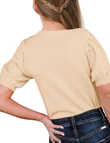 Girls Puff Short Sleeve Sweaters Crewneck Knit Pullover Jumper Kids Solid Color Blouse Tops3