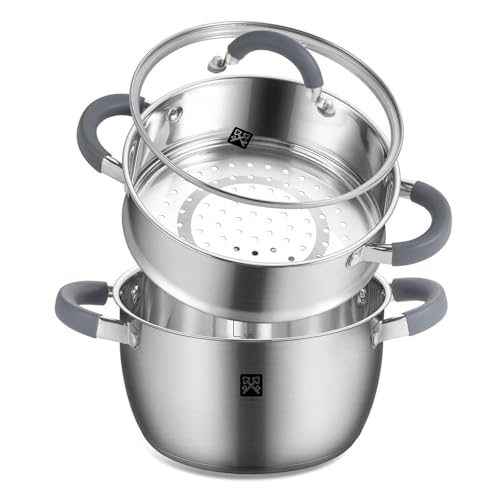 Steamer Pot 20 cm 3.2 QT Vegetable Steamer with Glass Lid 2 Tier Stainless Steel Pot with Basket 3L Induction Potato Couscous Pot Suitable for Vegetables Seafood Soups Dumplings