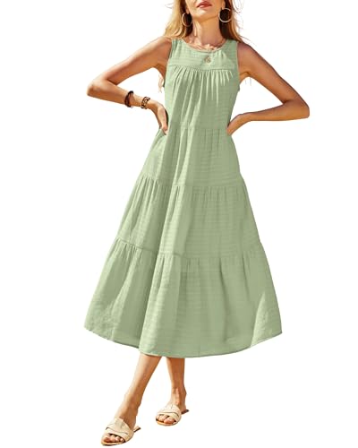 Image of Newshows Women's 2024 Summer Midi Dresses Sleeveless Crewneck Beach Boho Casual Loose Long Flowy Tiered Sundress with Pockets