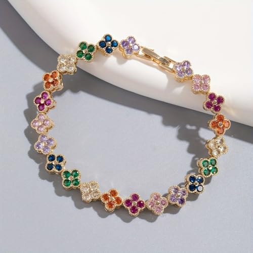Rainbow & Clover Zircon Unisex Bracelet, Crystal Flower Design, Fashion-Forward Accessory2