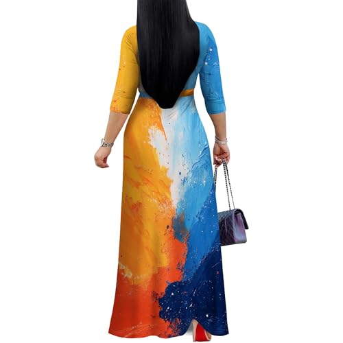 Image of PinkPatty Women's Print Maxi Dresses 3 /4 Sleeve Flowy Long Dress V Neck Wrap Tie Waist Sundress