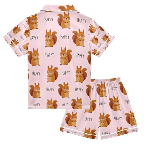 senya Cute Squirrel Happy Satin Summer Pajama Sets Silk Short Sleeve Button Down Sleepwear2