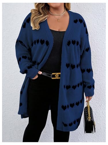 Image of MakeMeChic Women's Plus Size Long Cadigan Sweaters Casual Open Front Kint Lightweight Cadigan Heart Long Sleeve Outerwear