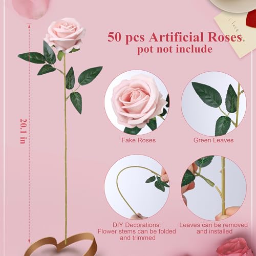 Image of 50 PCS Roses Artificial Flowers, Fake Roses with Stem Realistic Blush Silk Rose for DIY Wedding Bouquets Table Centerpieces Arrangements Baby Shower Birthday Home Decor Valentines Day Gift for Her