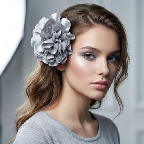 Image of 6.3 inch Large Rose Flower Brooches and Pins for Women - Flower Brooch, Hair Clips for Women & Rose Hair Clip | Fashion Accessories for Dresses, Hats, Clothes & Lapel Wear - Silver Grey