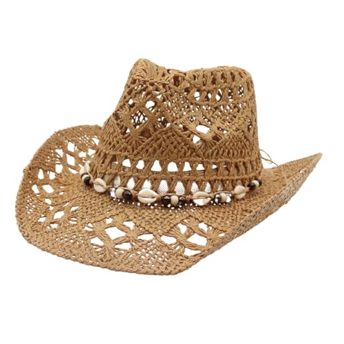 Generisch Sombrero de exterior para mujer, resistente al agua, para verano, sombrero de vaquero occidental, sombrero de paja moldeable, sombrero para el sol ahuecado, caqui, talla única