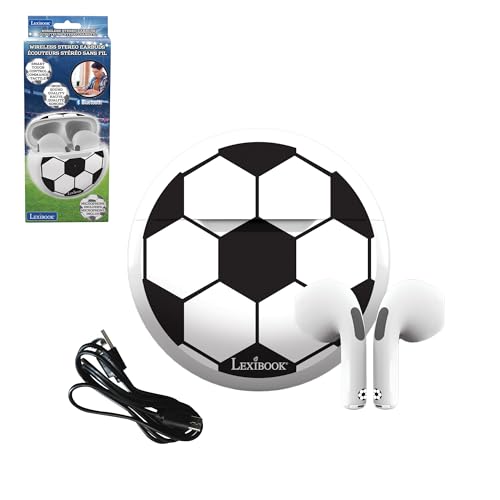 Lexibook, Fußball, Kabellose Stereo-Ohrhörer, Hohe Klangqualität, Integriertes Mikrofon, Touch-Steuerung, Ladebox, Lautstärke auf 85 dB begrenzt, Weiß/Schwarz, HPBT05FO