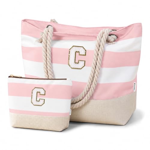 Image of Vavabox Initial Beach Tote Bag for Women, Water-resistant Travel Beach Bag Pool Bag Set, Birthday Gifts for Women Mom