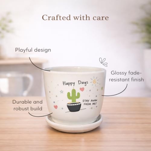 Image of Urban Upvan Happy Days Printed Ceramic Pot with Tray - Premium Decorative Planter for Indoor & Outdoor Plants, Modern Elegant Flower Pot for Home, Garden & Office