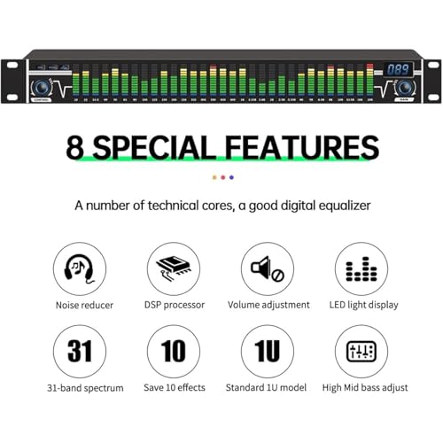 EQ grafico stereo a 31 bande con processore audio digitale anti-ululante e 10 modalità preimpostate per studi di registrazione e spettacoli teatrali