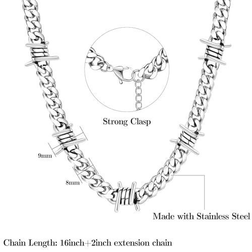 FEEL STYLE Barbed Wire Cuban Link Chain for Men Women Stainless Steel Thorns Choker Necklace Hip-hop Punk Gothic Jewelry 16-22inch4