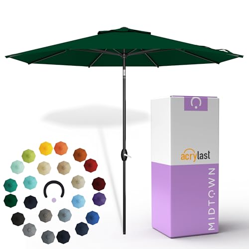Image of Midtown Umbrellas - The Lean 10 Ft Patio Umbrella with 10-Year-No-Fade Acrylast Acrylic Fabric, Auto-Tilt and 8 Reinforced Ribs for Deck, Pool, Garden, Hotel & Cafes - Forest Reserve Canopy, Black Pole