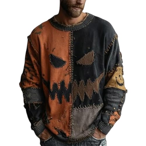 HJINGSUN Mens Halloween Sweatshirt Spooky Pumpkin Face Patchwork Sweater Cozy Stitched Print Pullover Holiday Costumes 2025, Black, X-Large